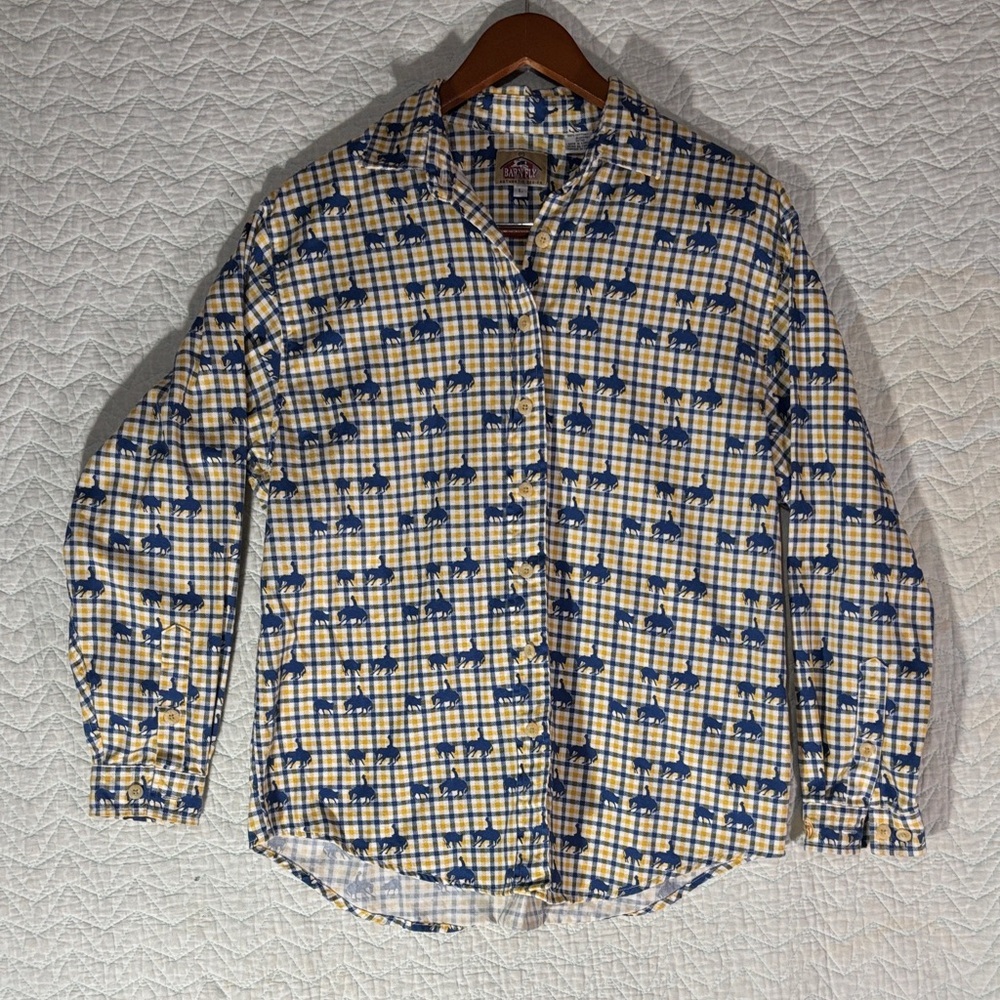 Yellow & Navy Plaid Button-Down Shirt with Classic Collar 100% Cotton Western
